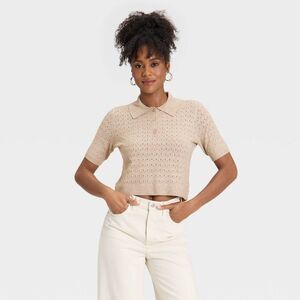 Universal Thread - Women's Short Sleeve Collared Neck Pullover Sweate Tan